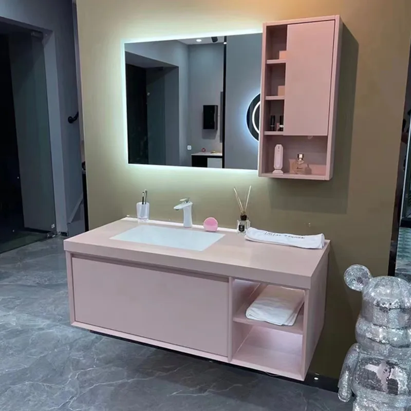 Hot Sale Pink Color Wall Hung Home Bathroom Vanity Furniture