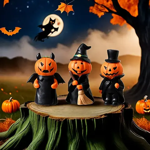 Dreiteiliges Set Halloween-Dekorationsartikel mit gruseligen Kürbispuppen für Spukhauspartys oder Tischdekoration, ein Spaß