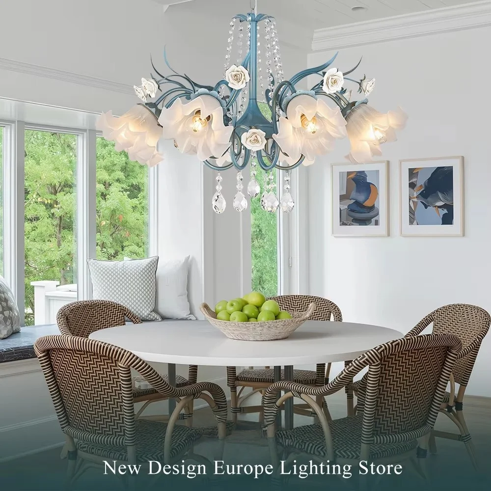 

Nordic Luxury Flower Chandelier For Kitchen Table Living Room Bedroom Blue Iron Pendant Light With K9 Crystal Ceramic Roses