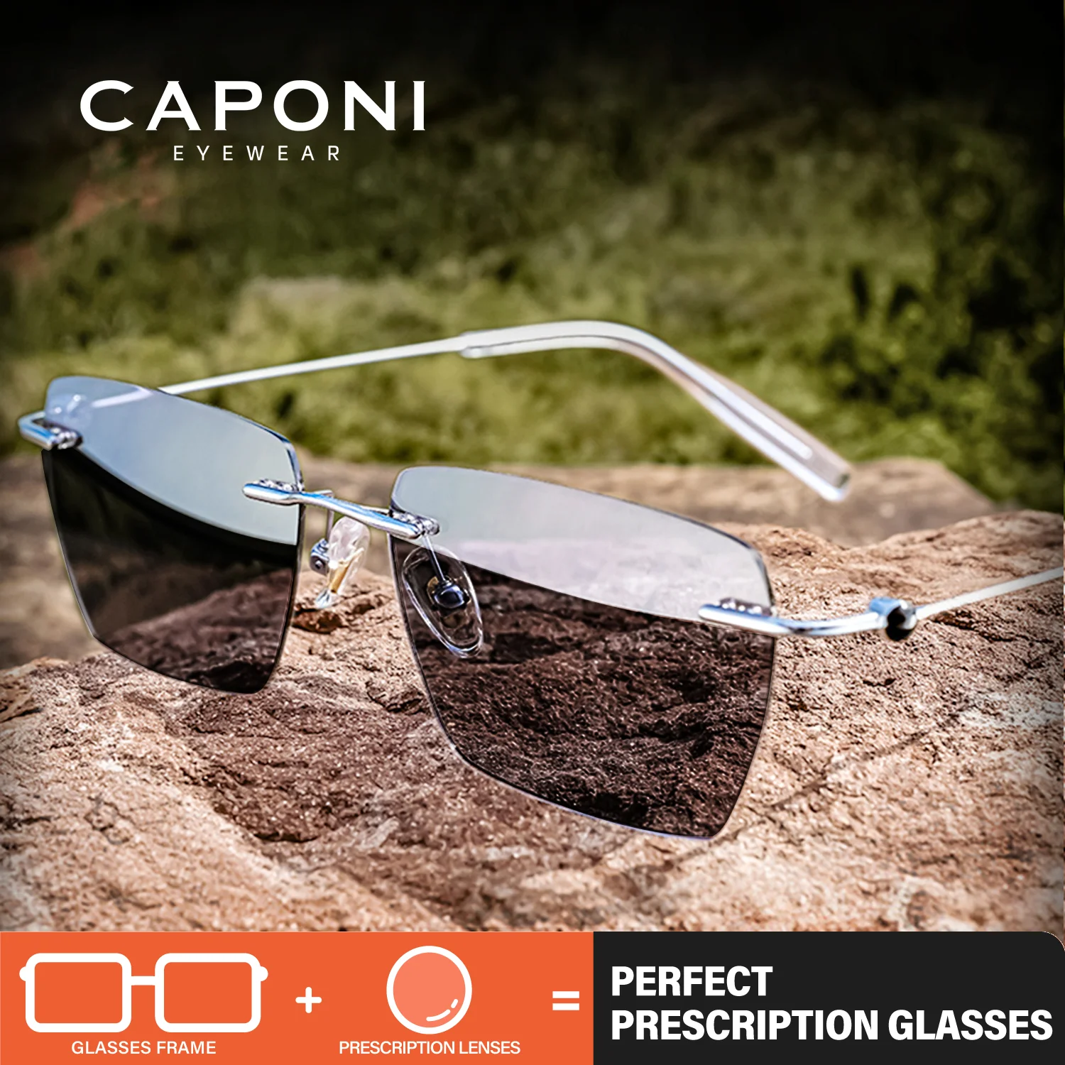 

CAPONI Prescription Polarized Man Sunglasses Rimless Myopia Ultralight Sun Glasses Progressive Photochromic Black Shades PJ0621