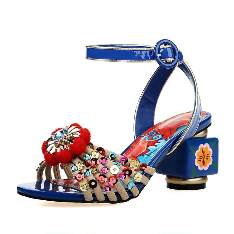 Bohemia Print Floral Chunky Heel Sandalias Female Blue Red Prom Wedding Shoes Woman Ankle Strap Sequins Rhinestone Sandals