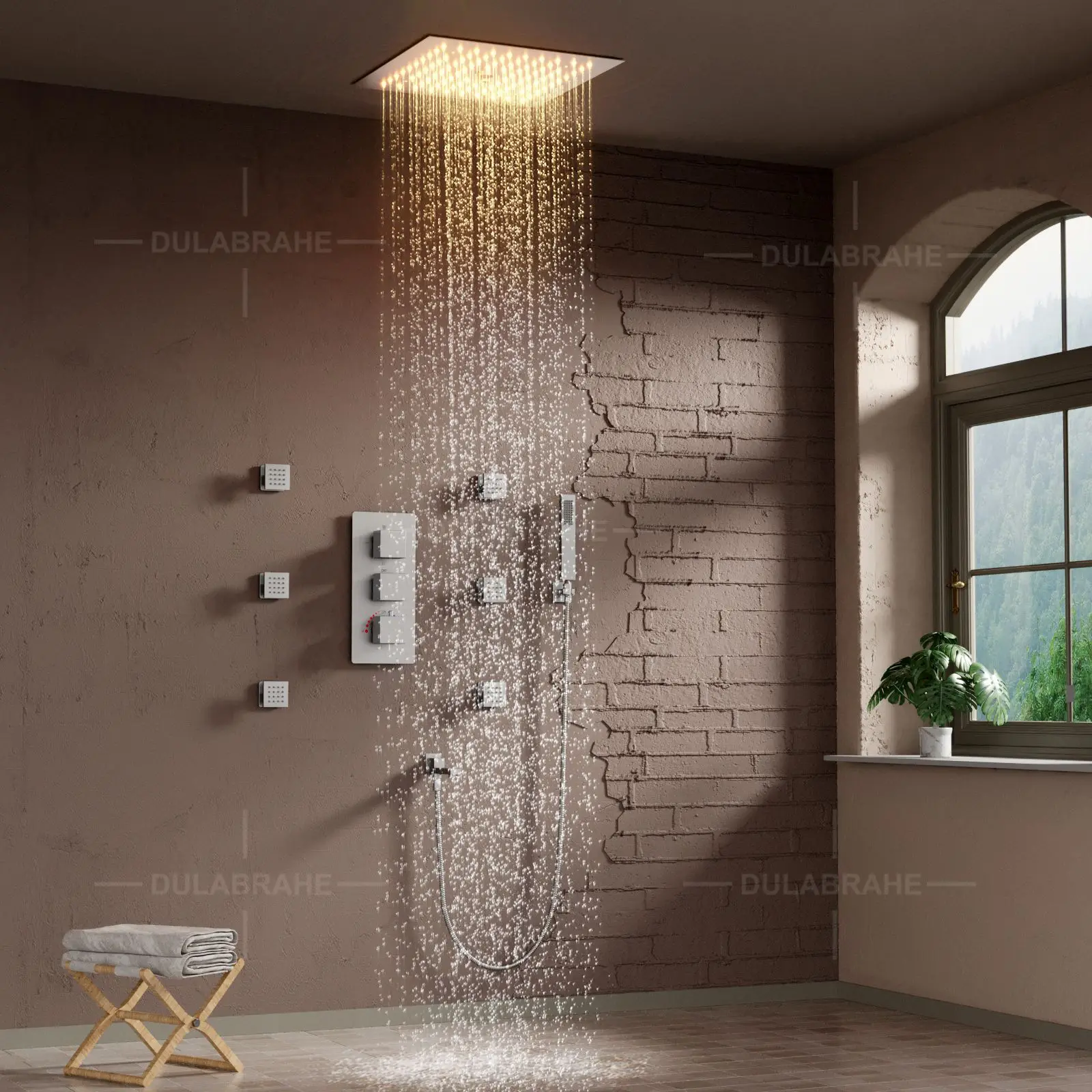 Ceiling embedded LED concealed showerhead, canopy style concealed atmosphere light showerhead set