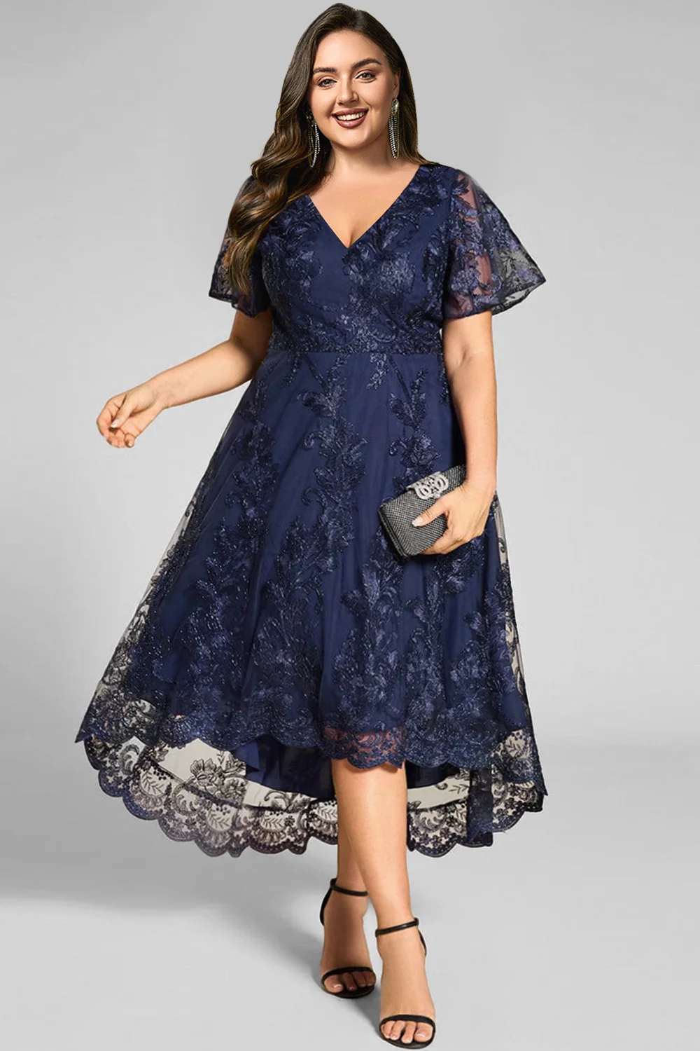 

Flycurvy Plus Size Wedding Guest Navy Blue Lace Flutter Sleeve Maxi Dress