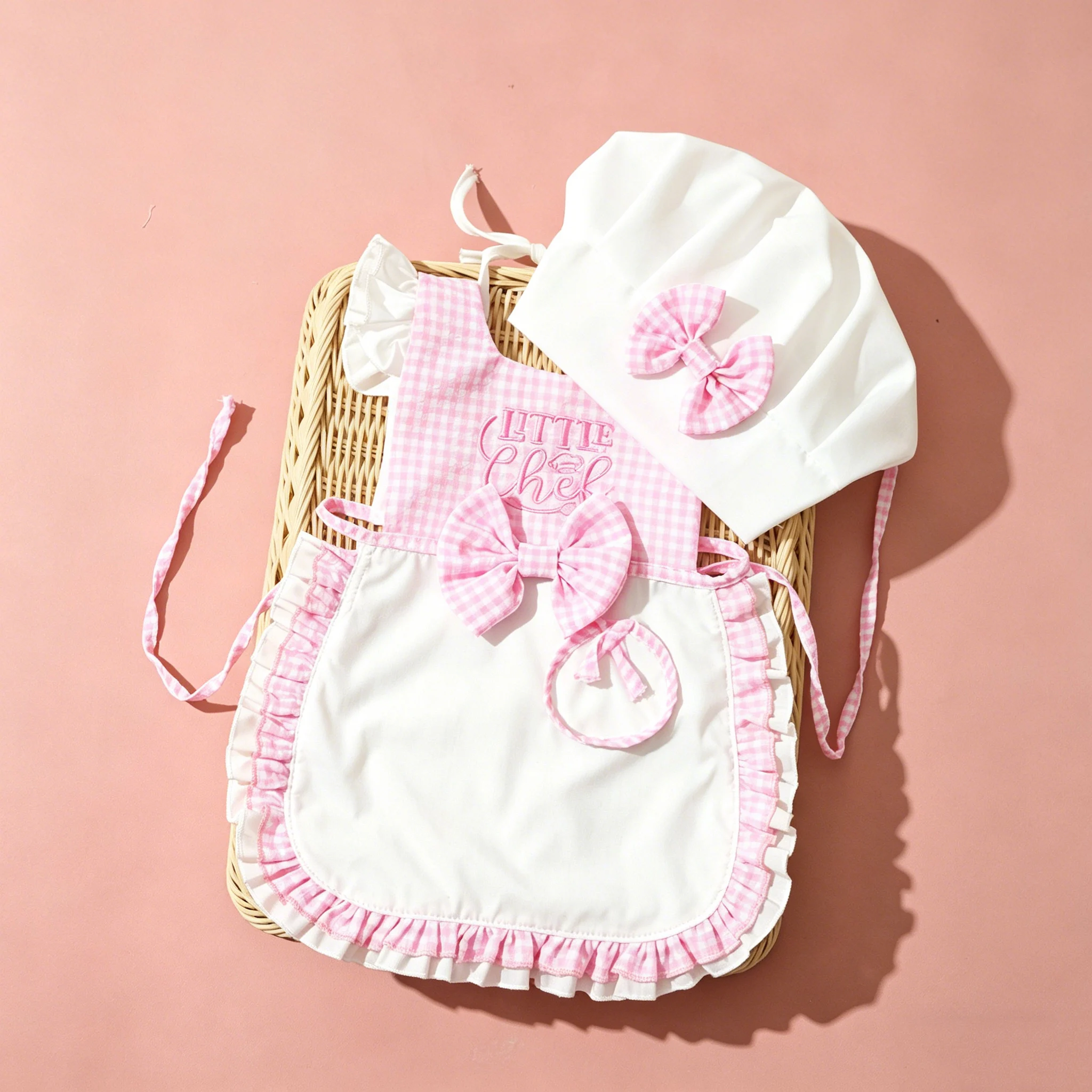 Ylsteed Newborn Embroidered Photography Clothes Baby Girl Pink Chef Apron Hat for Kids Costumes Chef Baby Cook Costume Prop-HD