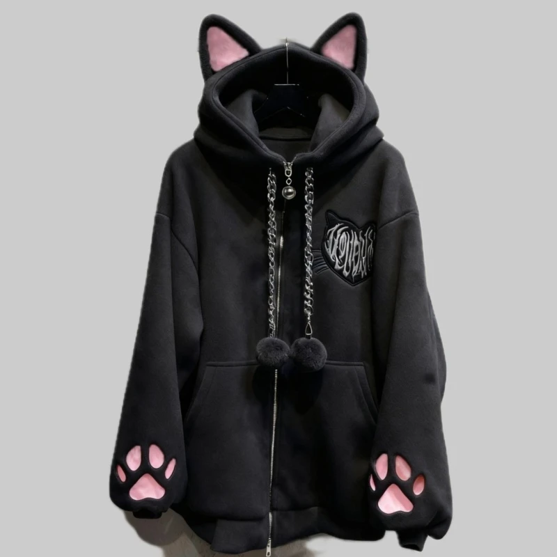 Women Japanese Punk Subculture Cat Ear Hoodies Winter Sweet Cute Loose Zip Up Long Sleeve Outerwear Y2k Fashion Jacket New