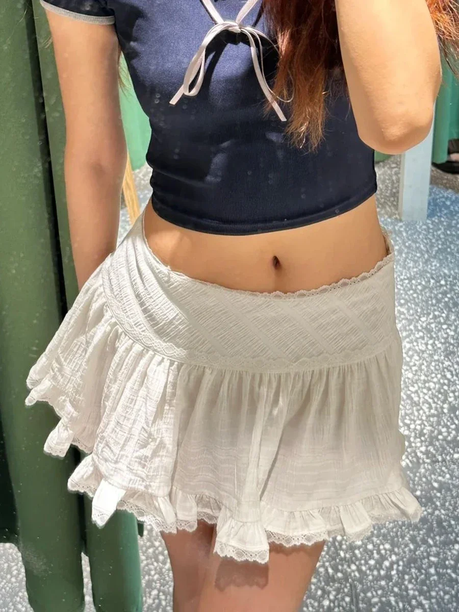 Lace Trim White Sweet Mini Skirts Summer A-line High Waist Folds Texture Short Faldas Woman Casual Preppy Style Y2k Skirt