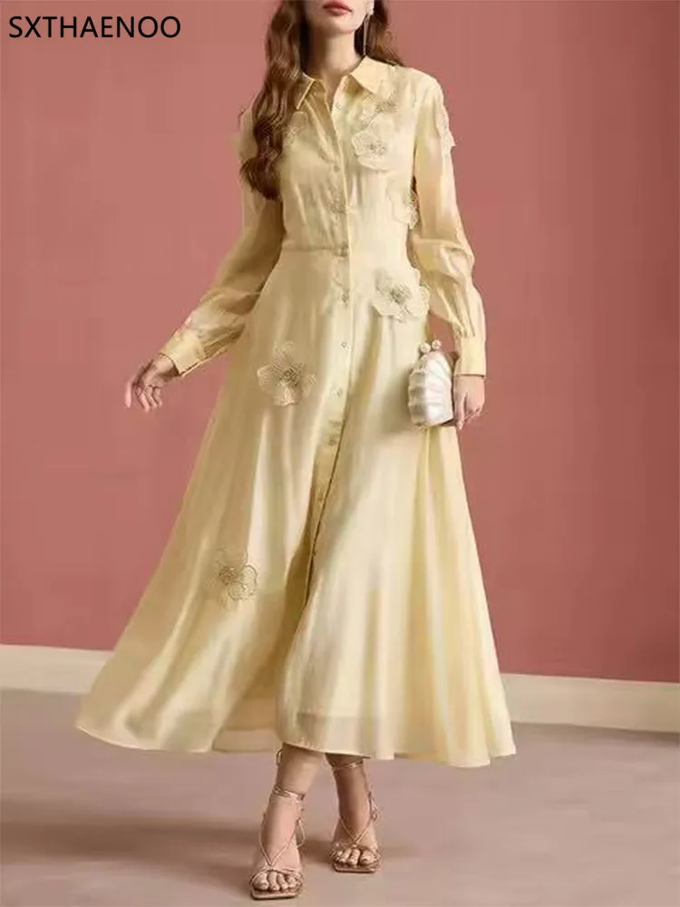 

SXTHAENOO Solid Spliced Appliques Slimming Dresses For Women Lapel Long Sleeve High Waist Temperament Dress Female Fashion 2025