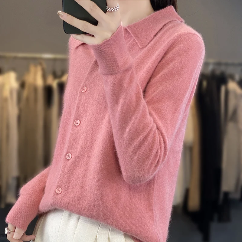 Mink Cashmere Cardigan for Women, Long Sleeve Top, Polo Neck, Loose Coat, Fashion Knitted Jacket, White XXL, Spring and Autumn,