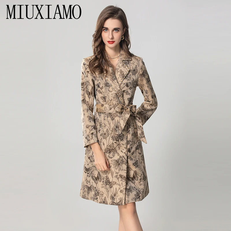 MIUXIMAO 2024 Autumn&Winter Female Luxury Royal Jacket Fashion Coat Fashion Slim Butterfly Leaf Print Jackets for Women Belt