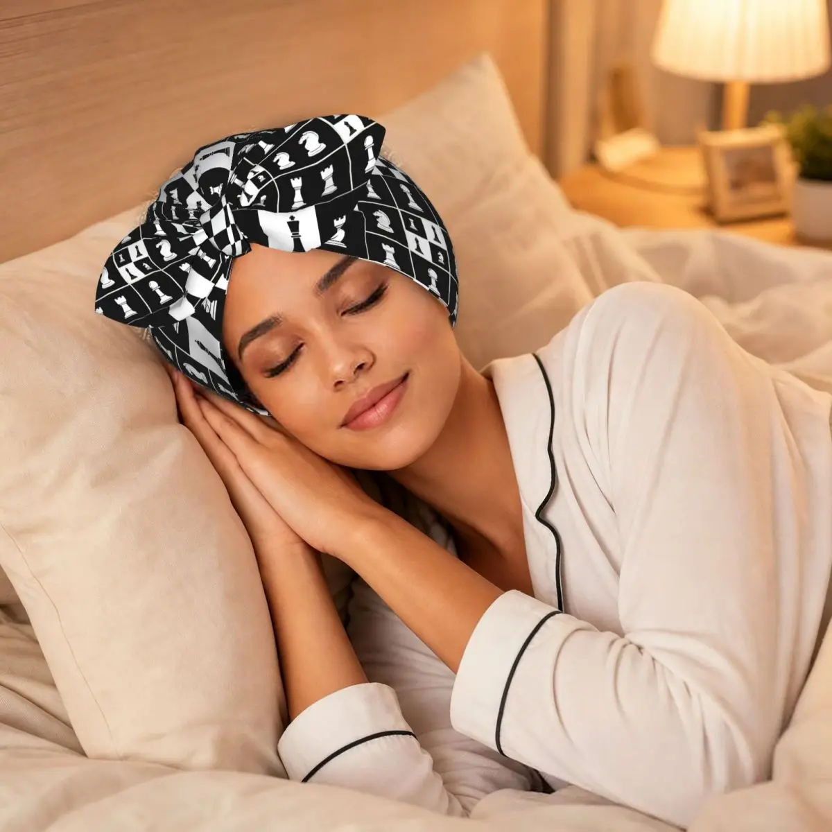 Chess Pieces On Board Chessboard Sleep Bonnet Double Layer with Adjustable Bow, Reversible Hair Cap for Curly Braids Hair
