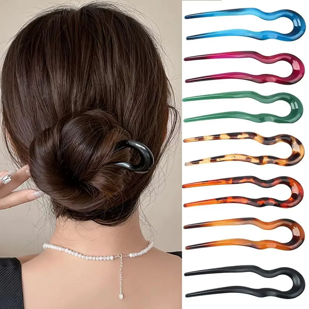 Fashion U-Shaped Hair Fork Acetate Geometric Design Hairpin Headwear Tortoiseshell Hair Bun for Women Girls