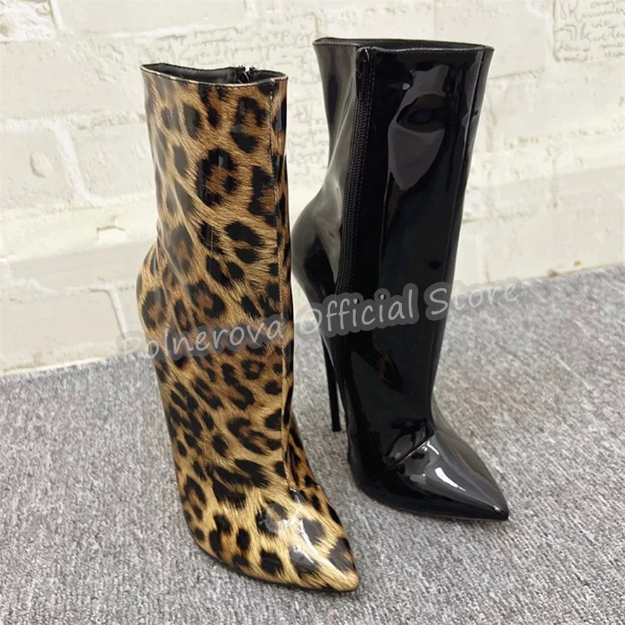 

14Cm/16Cm Super High Heel Women Patent Leather Boots Sexy Leopard Pattern Pointed Toe Stiletto Ankle Boots Lady Pole Dance Shoes