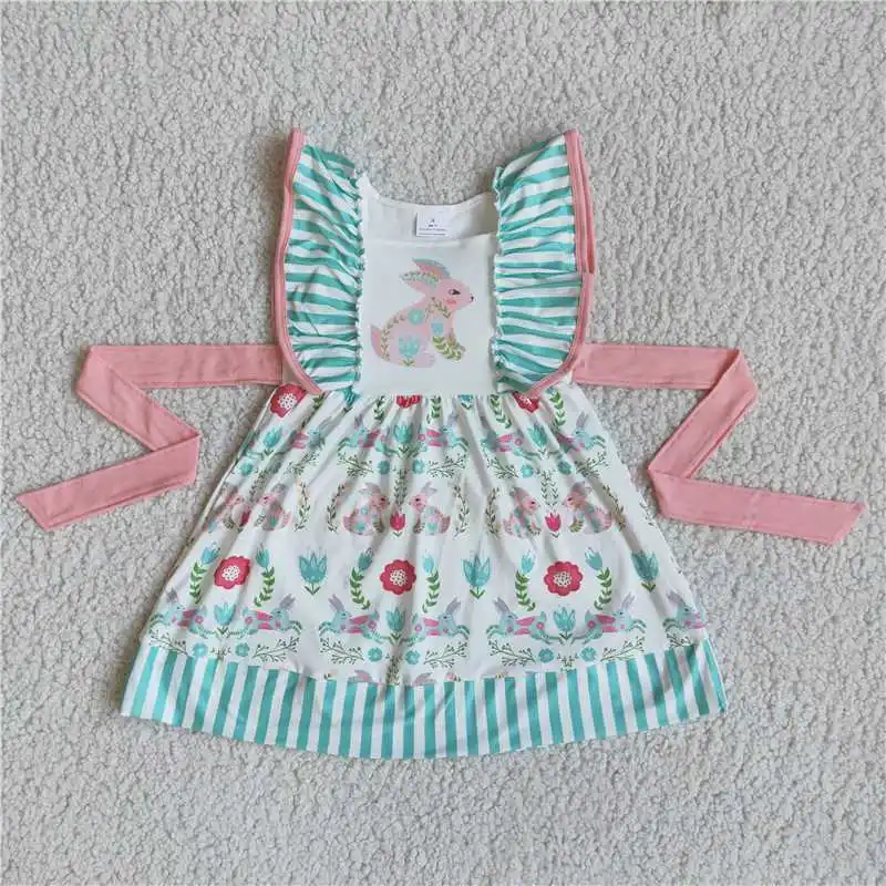 

Wholesale Summer Girls Small Flying Sleeves Easter Dress With ColorSplicing And Belt Ruffle