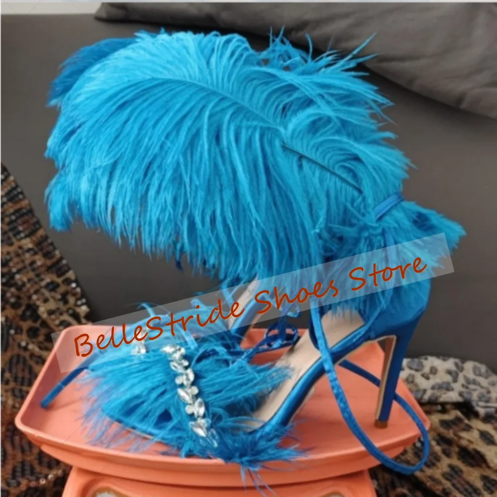 Sandálias de cristal com decoração de penas azuis, dedo aberto, sapatos femininos sexy, salto alto, festa, banquete, namoro, 2025 zapatos para mujere