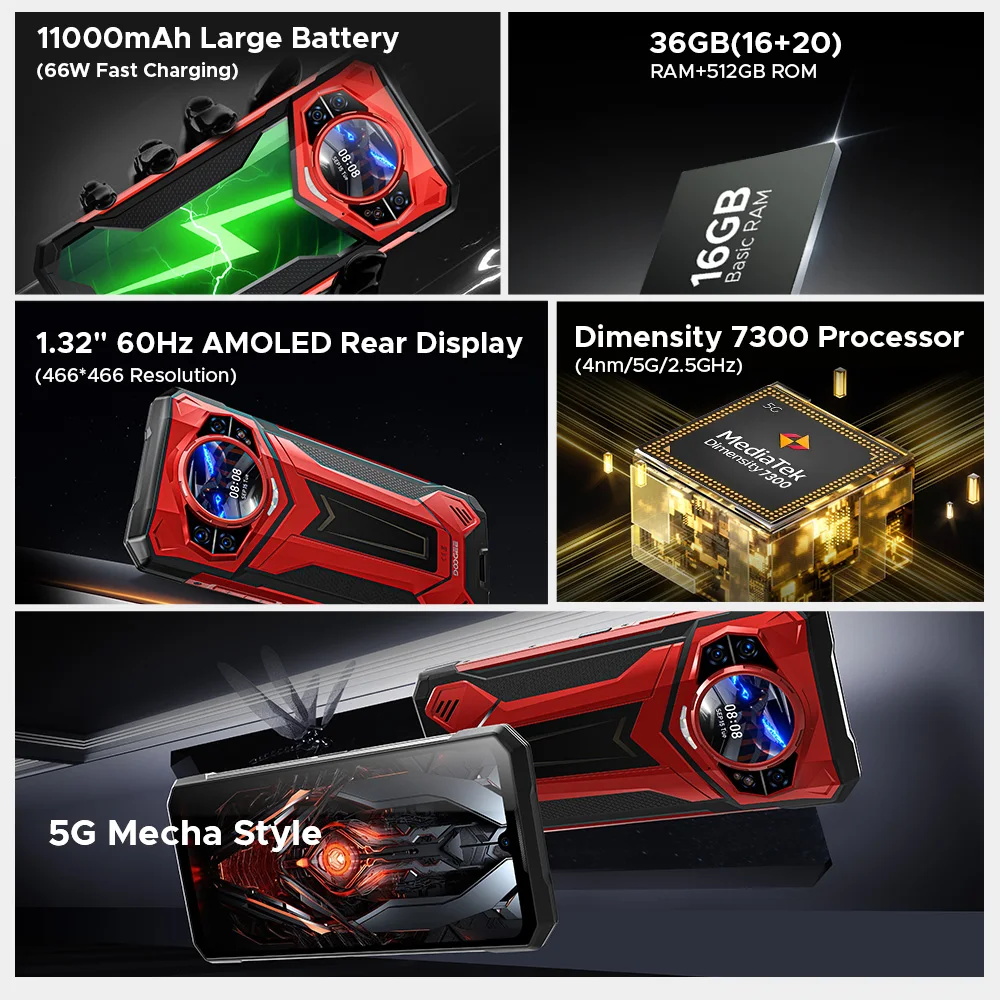 DOOGEE S200 Plus 5G AI Rugged Phone 1.32" AMOLED Display Android 15 11000mAh Battery 16GB 512GB 6.72'' Screen Dimensity 7300 NFC
