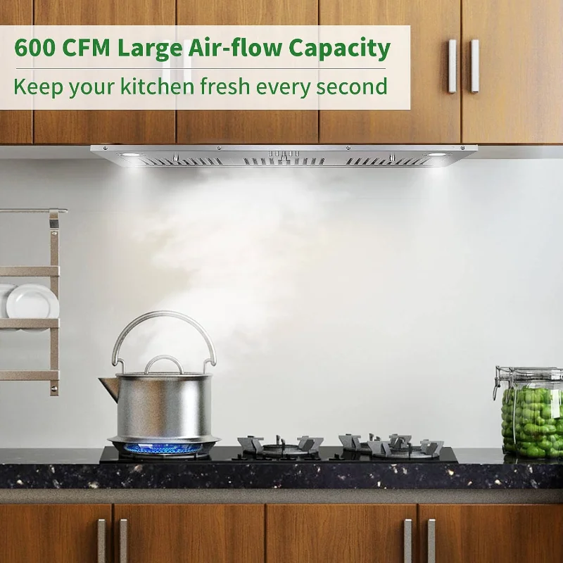 شفاط المطبخ إدراج 36 بوصة 600CFM الفولاذ المقاوم للصدأ المنزلية المدمج في غطاء فتحة التهوية أنبوبي/بدون قنوات قابلة للتحويل، تهوية المطبخ