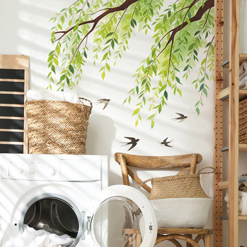 Lush Willow Tree Branch Flying Swallows Vinyl Stickers on the Wall Edge for Aesthetic Rooms Home Decoration Scenery Big Murals