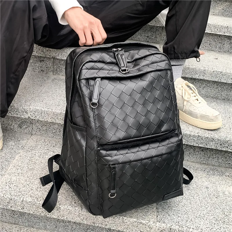 Korean Casual Pu Leather Woven Backpack Large Capacity Men\'s Fashion Student Schoolbag Laptop Bags Versatile Leisure Travel Bag