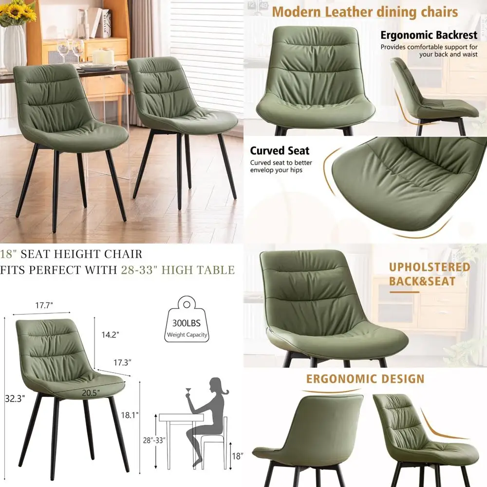 

Modern Mid-Century Style Upholstered Faux Leather Dining Chairs Set of 2 with Comfortable Back Support