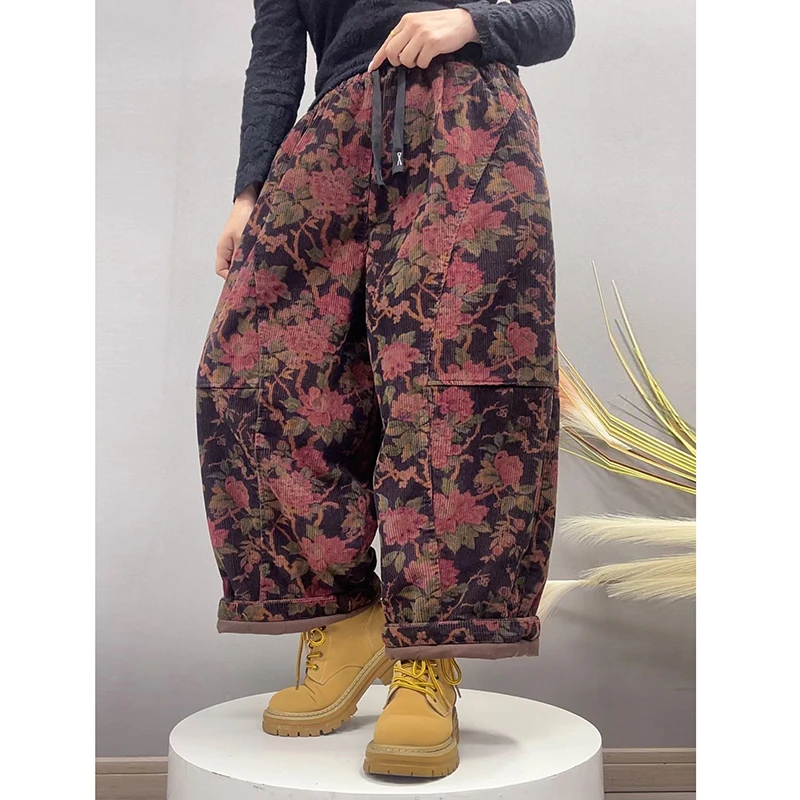 

Новое поступление 2025, осенне-зимние женские хлопковые и льняные брюки до щиколотки, повседневные свободные брюки-шаровары в клетку с эластичной резинкой на талии Q120