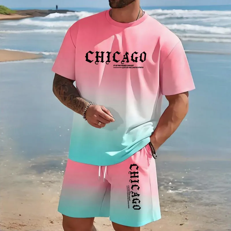 Conjunto de 2 piezas de verano para hombre, camiseta informal de moda hawaiana para hombre, pantalones cortos de playa al aire libre para hombre, estampado de CHICAGO, cuello redondo, manga corta