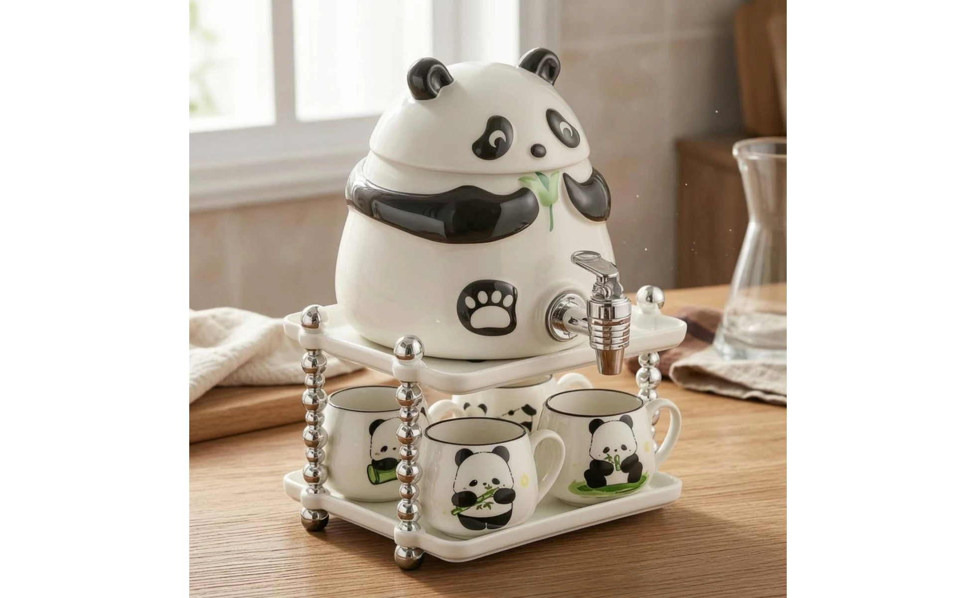 Panda Water Dispenser Front Tap Ceramic Water Dispenser Household Container Fitted Lid Tableware Glossy