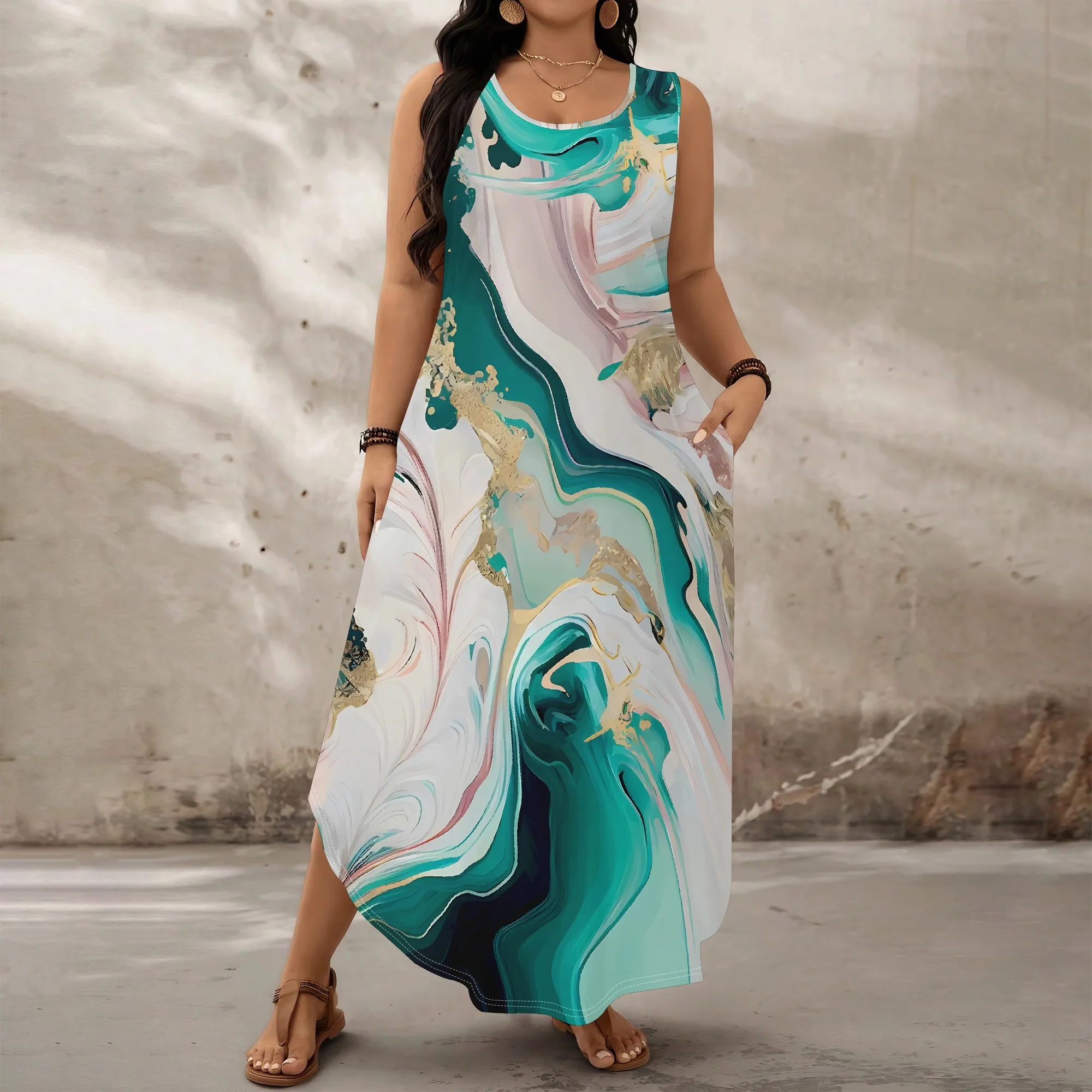 

Nupusa Plus Size Marble Print Sleeveless Maxi Dress Women Summer Casual Loose Long Dress