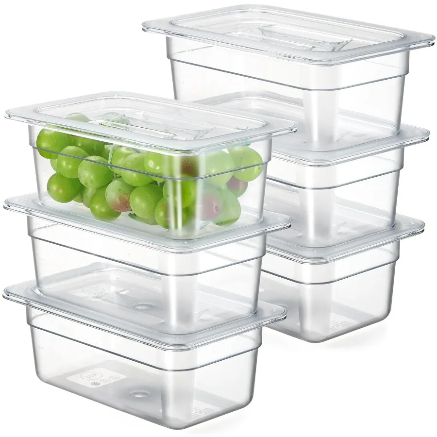 

6Pack 1 4 Size 4 Deep NSF Polycarbonate Food Pans with Handled Lids Drain Trays Dishwasher Freezer Safe Clear Container for Pre