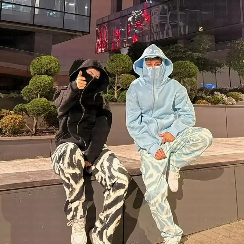 Unisex Double Hooded Winter Sweatshirt Balaclava Harajuku Style Y2K Gothic Sportswear Men Women's Zippered Hooded Mask Swe