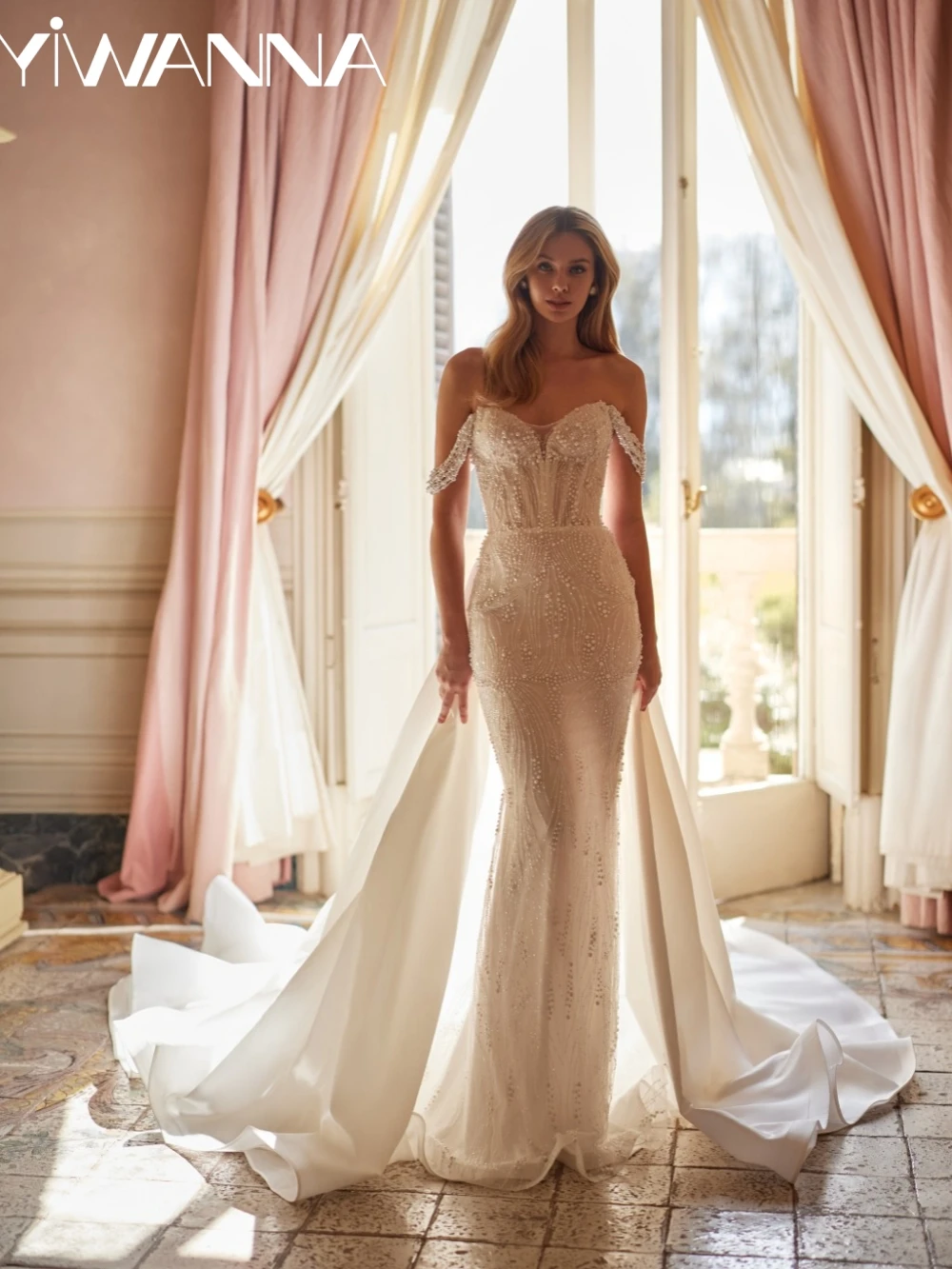 

Detachable Train Wedding Dress Exquisite Beads Pearls Mermaid Long Bridal Gown Customized Off Shoulder Long Dresses For Bride