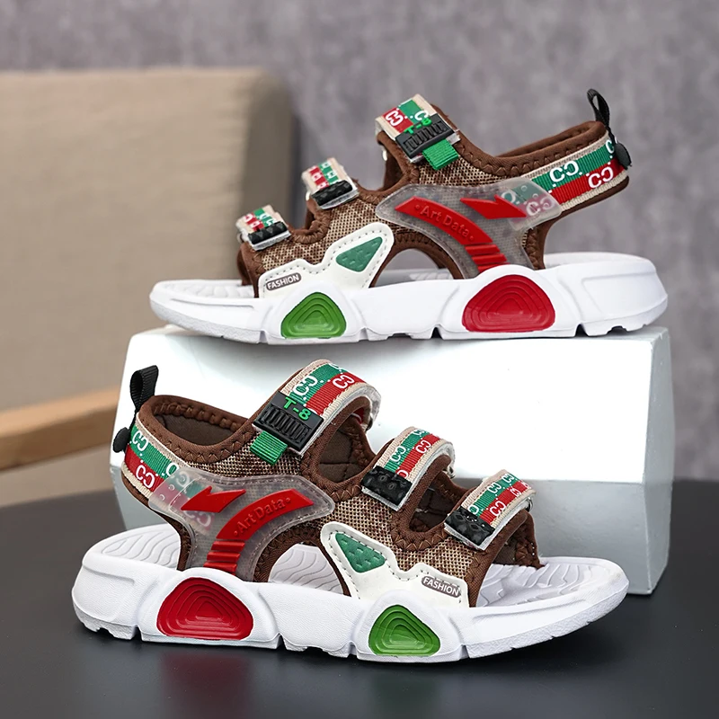 

2025 Sandals for Boys Girls New Fashion Cute Print Beach Non-slip Soft Sole Kids Casual Shoes Mesh Color-blocked Child Slippers