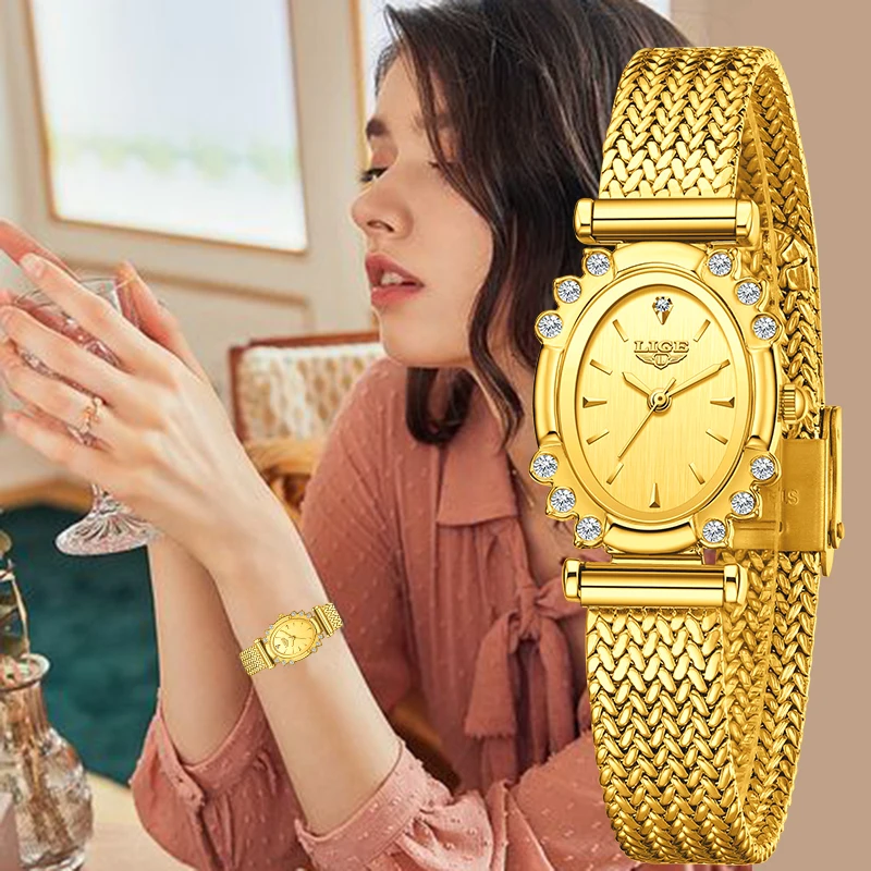 

LIGE модные элегантные кварцевые часы для женщин с бриллиантовым циферблатом, роскошный сетчатый ремешок, водонепроницаемые простые классические повседневные женские наручные часы