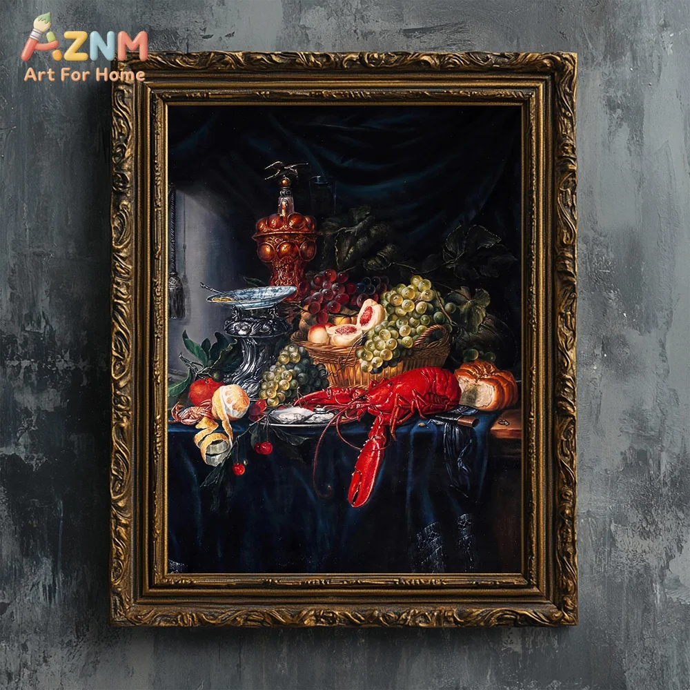 AZNM Vintage Fruit Wine Still Life Canvas Poster Frameless Wall Art Classic Oil Painting Grape Apple Seafood Butterfly Retro Pri