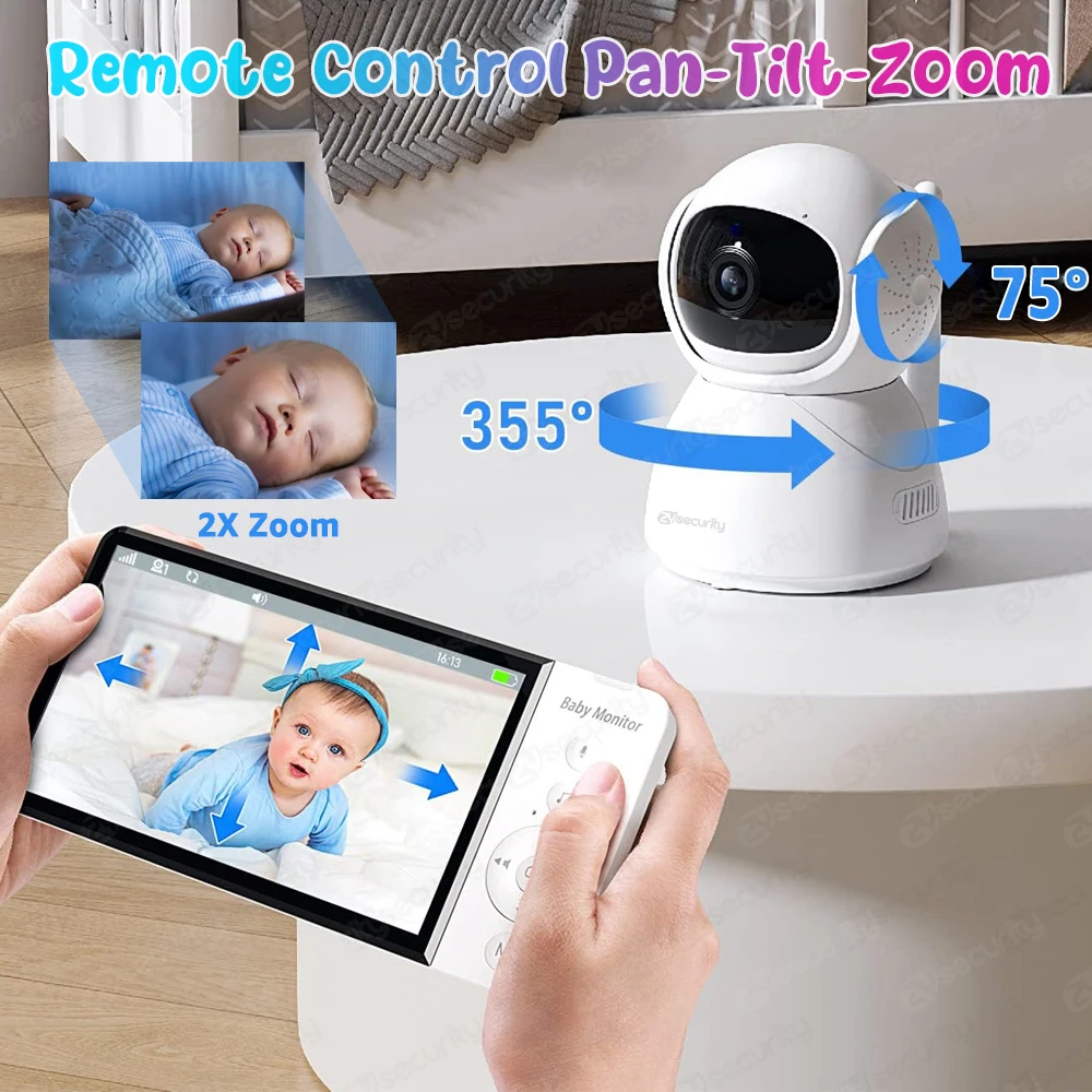 5Inch HD Baby Monitor with Camera,Pan-Tilt,4X Zoom,5000mAh Long Life Battery,IPS Screen,PTZ Babyphone,Babysitter with Holder