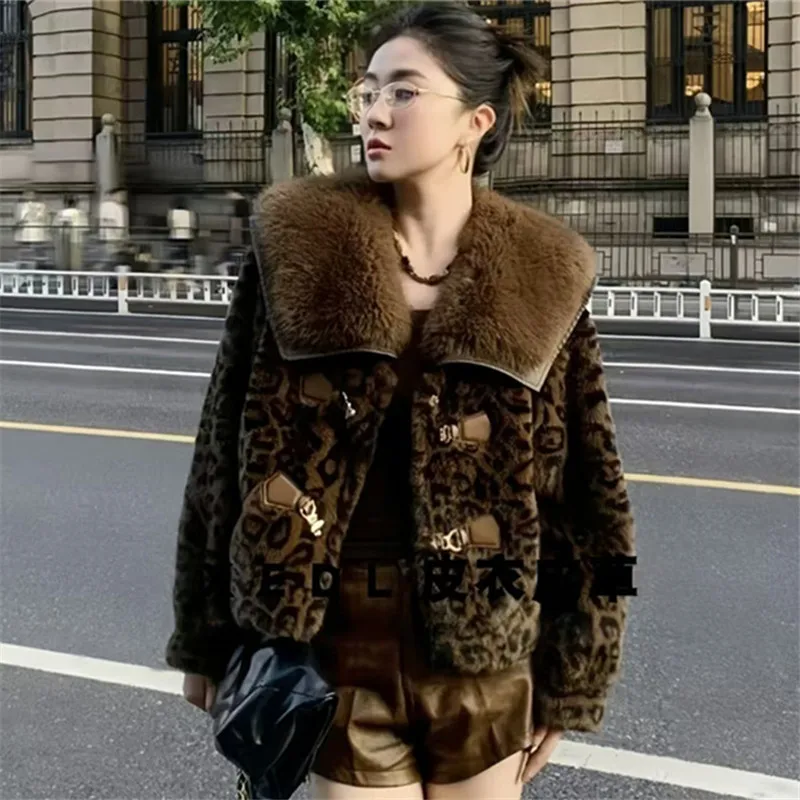 Faux Mink Fur Coats for Women,Leopard Print Jackets,Female Overcoat,Thicken Warm Clothes,England Style,High Quality,New ,Winter