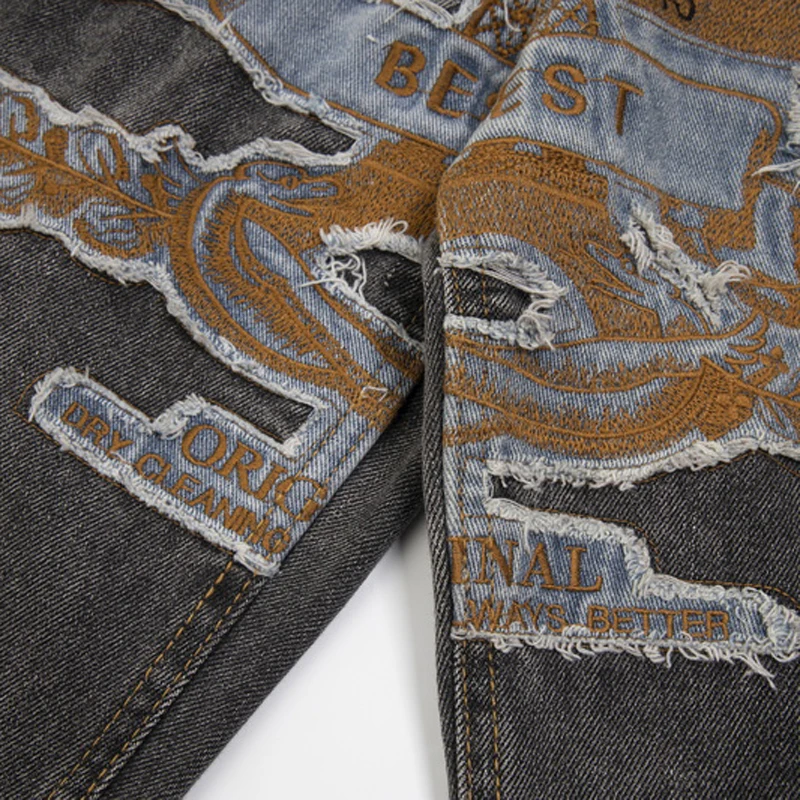 Europeu americano tendências projeto g/r jeans retalhos bordado tecido padrão calças de perna reta casual solto denim