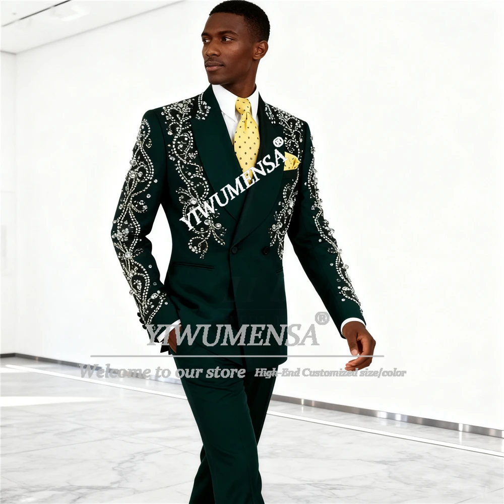 

Sparkly Beaded Stones Suit Attire For Men Double Breasted Jacket Pants 2 Piece Groom Blazers Slim Fit Customized Wedding Tuxedos