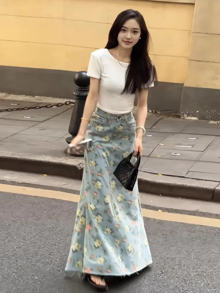 

Гонконг Sle Ретро с цветочным принтом Уникальная джинсовая юбка с высокой талией Длинная юбка Bodycon Джинсовая юбка