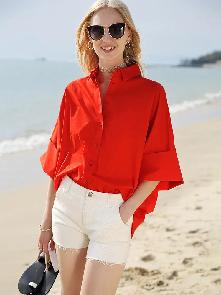 

Amii Women's Cotton Shirt 2026 Summer New Lapel Loose Blouse Three Quarter Sleeve Simple Office Casual Shirt For Woman 12612035