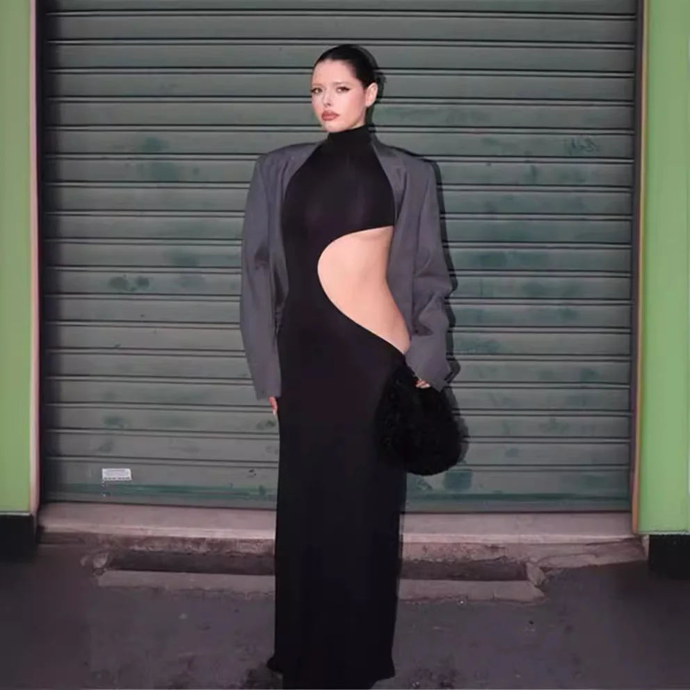 Dsmtrc-女性のためのノースリーブのイブニングドレス,裸の肩,スリムカット,黒の透かし彫りハイウエスト,長いイブニングドレス,セクシー