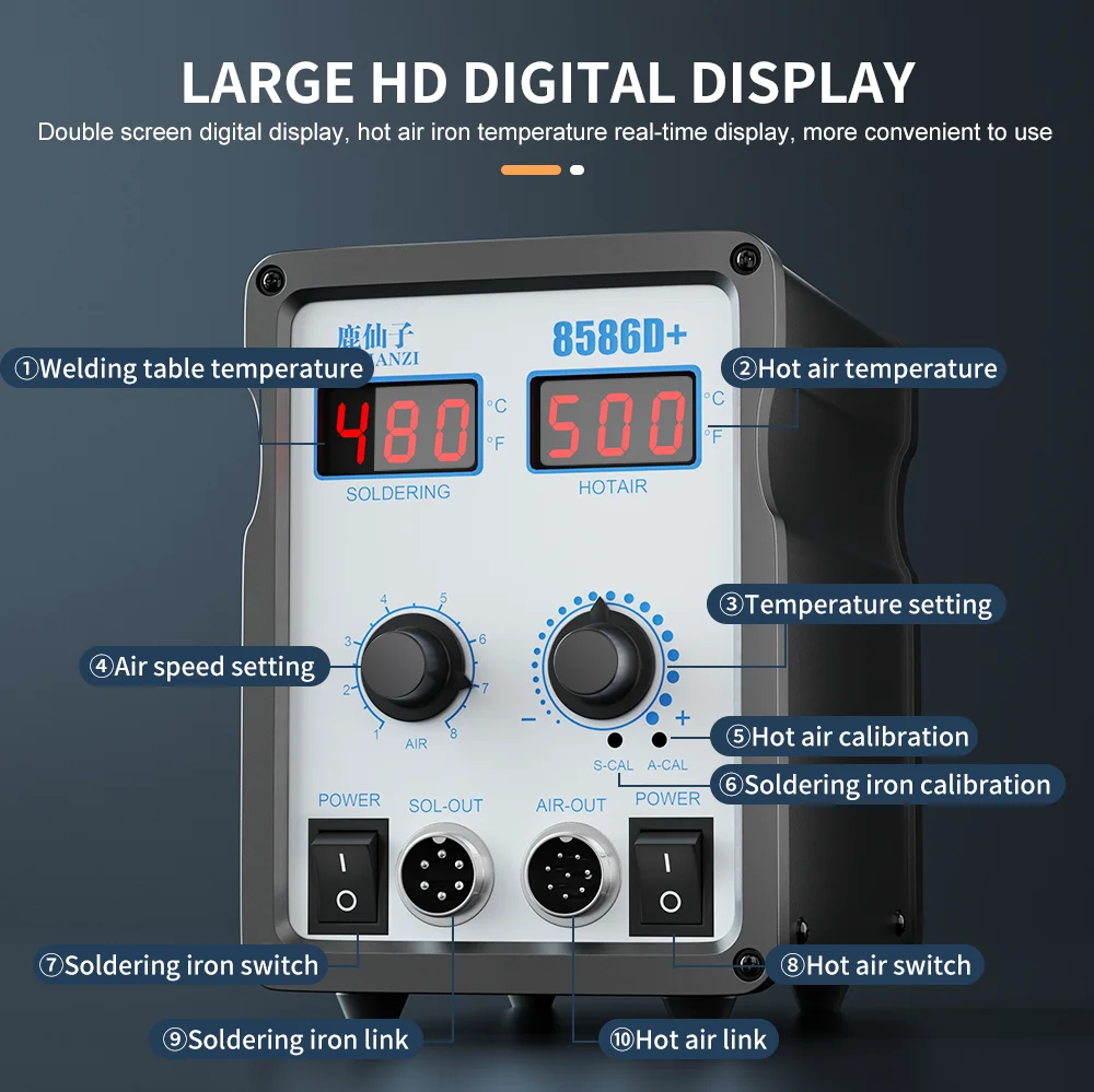 LUXIANZI-محطة لحام 2 في 1 ، 8586D BGA SMD ، 3 فوهات ، مسدس هواء ساخن للحام