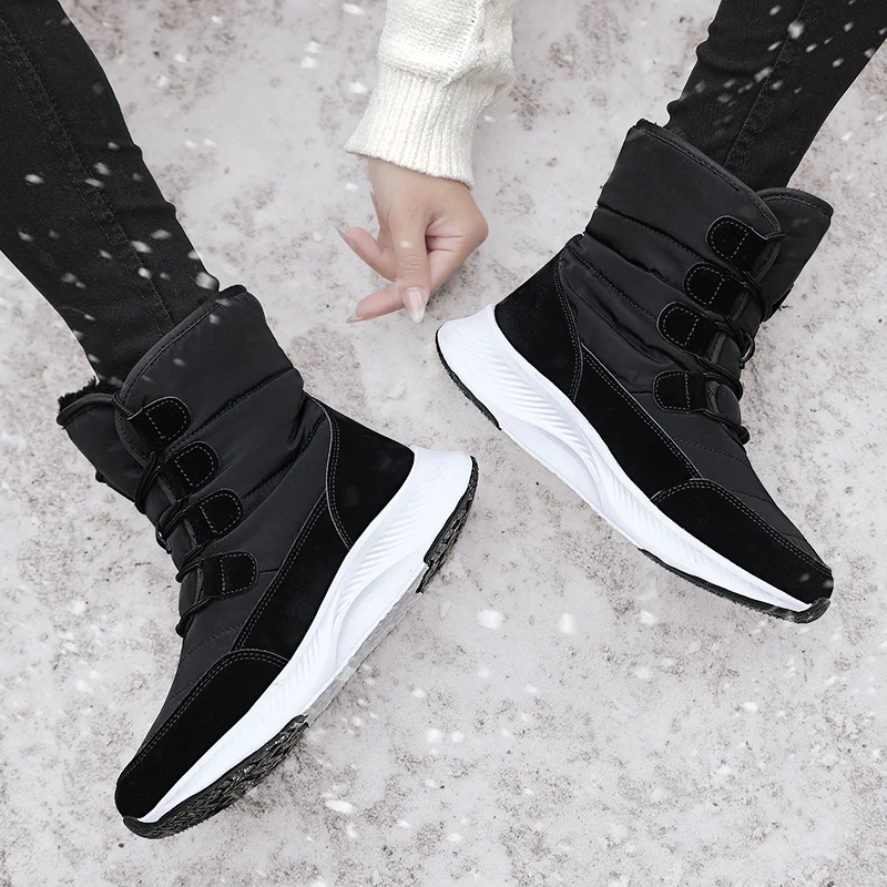 

Thick sole Waterproof Snow Boots Female Black Plush Mid-Calf Winter Boots Women Warm Ankle boots casual walking shoes Plus Size