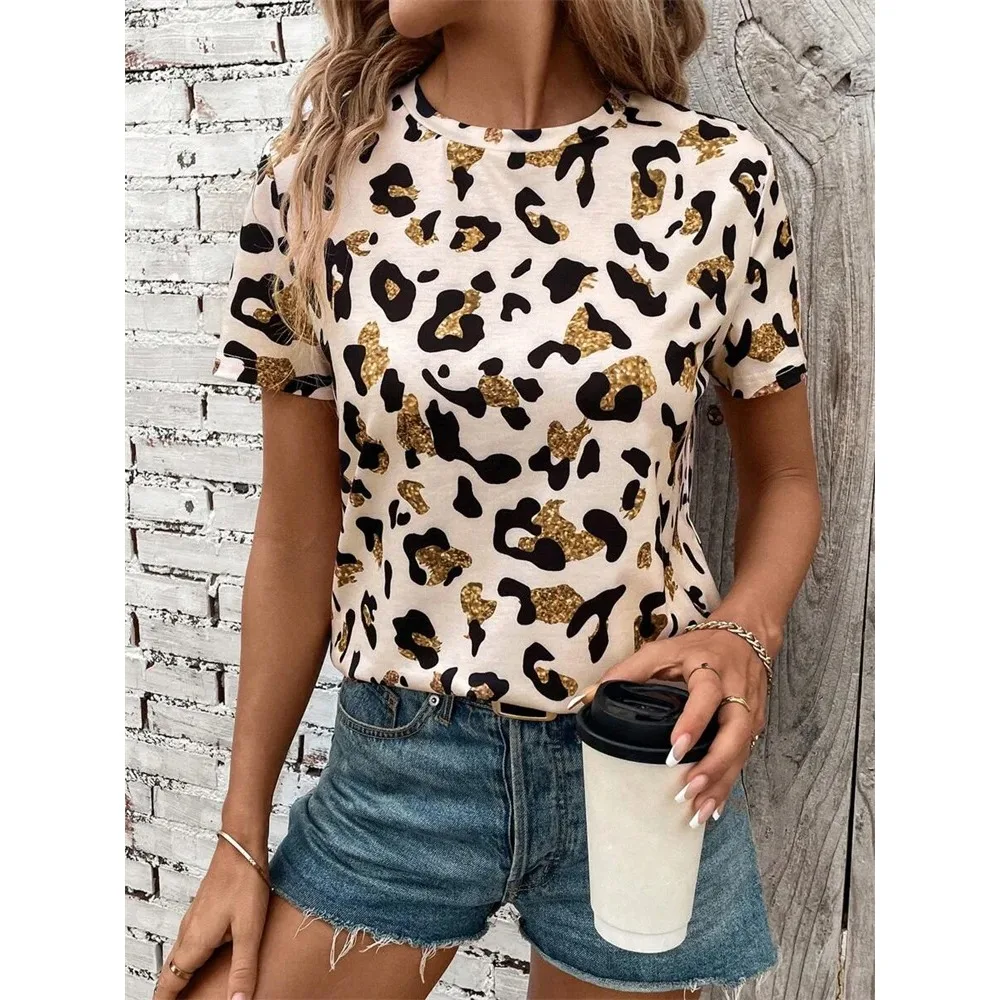 Colorful Leopard Print Women's T-shirt Urban Fashion Women's Leopard Print Short Sleeve Top Summer Everyday Casual O-neck Y2K