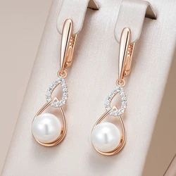 Kinel Luxury 585 Rose Gold Color Drop English Earrings for Women Unique Geometric Pearl Earrings Bridal Wedding Jewelry 2024 New