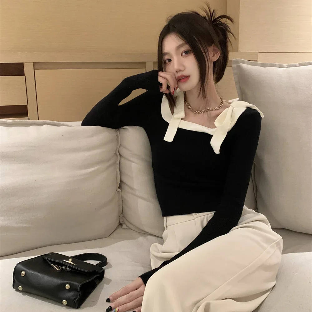 Shirts for Women Jersey Sweater Slim Sexy Crop Tops Retro Square Bow Black  Knitted Blouse Spring Elegant Chic