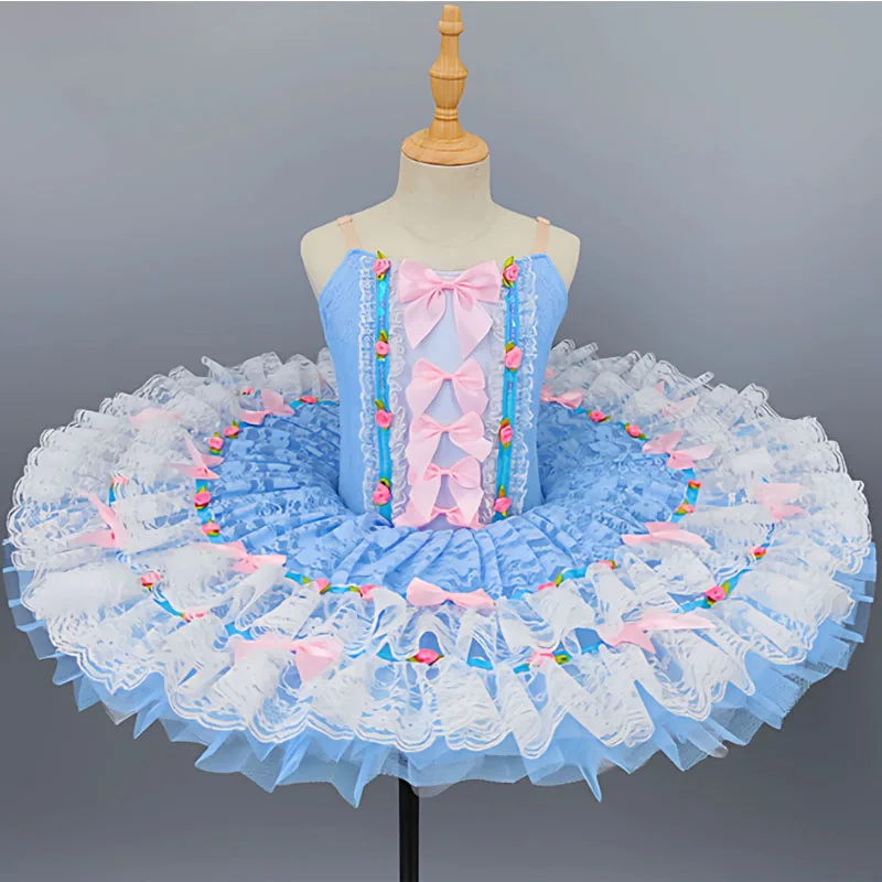 

Blue Pink Bow Rose Decor Kids Ballet Tutu Dress Professional Stage Performance Recital Girl Ballerina Costumes Lace Tulle Skirt