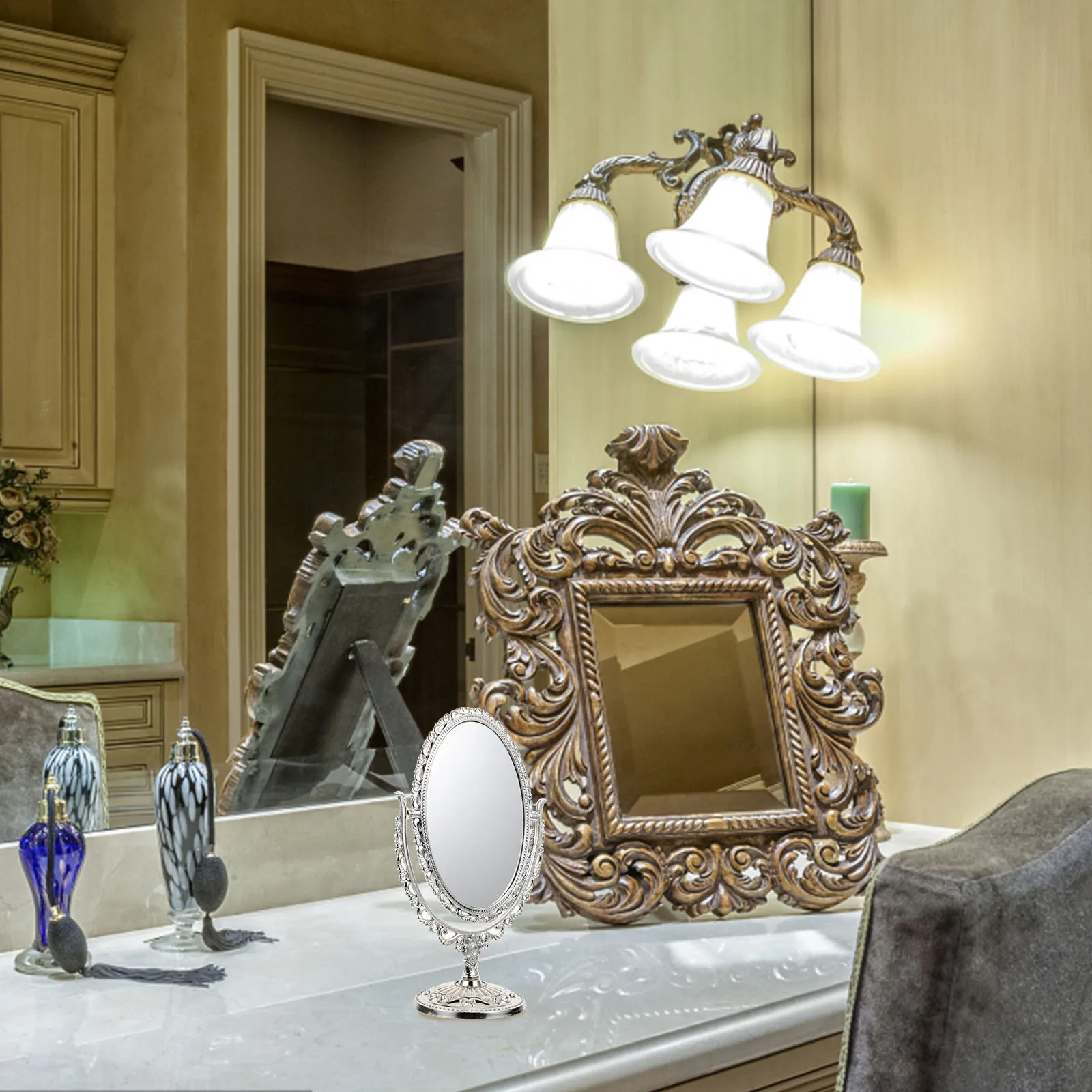 

1Pcs Desktop Makeup Mirror European Style Mirror Retro Oval Double Sided 360 Degree Rotation for Home Bathroom