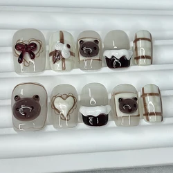 Autumn and Winter Maillard Press On Nails Handmade Cute Cartoon Bear Bow Short False Nail Patches 10 Pieces