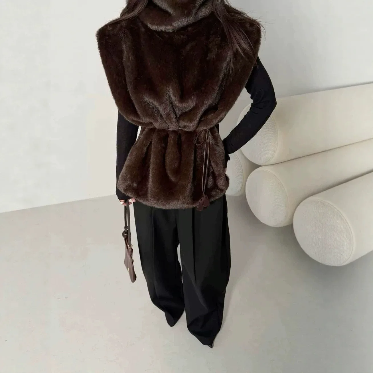 Solid Faux Fur Vests Crop Top Women Fashion Turtleneck Fluffy Tank Tops Winter Female Elegant Sleeveless Jackets Coats