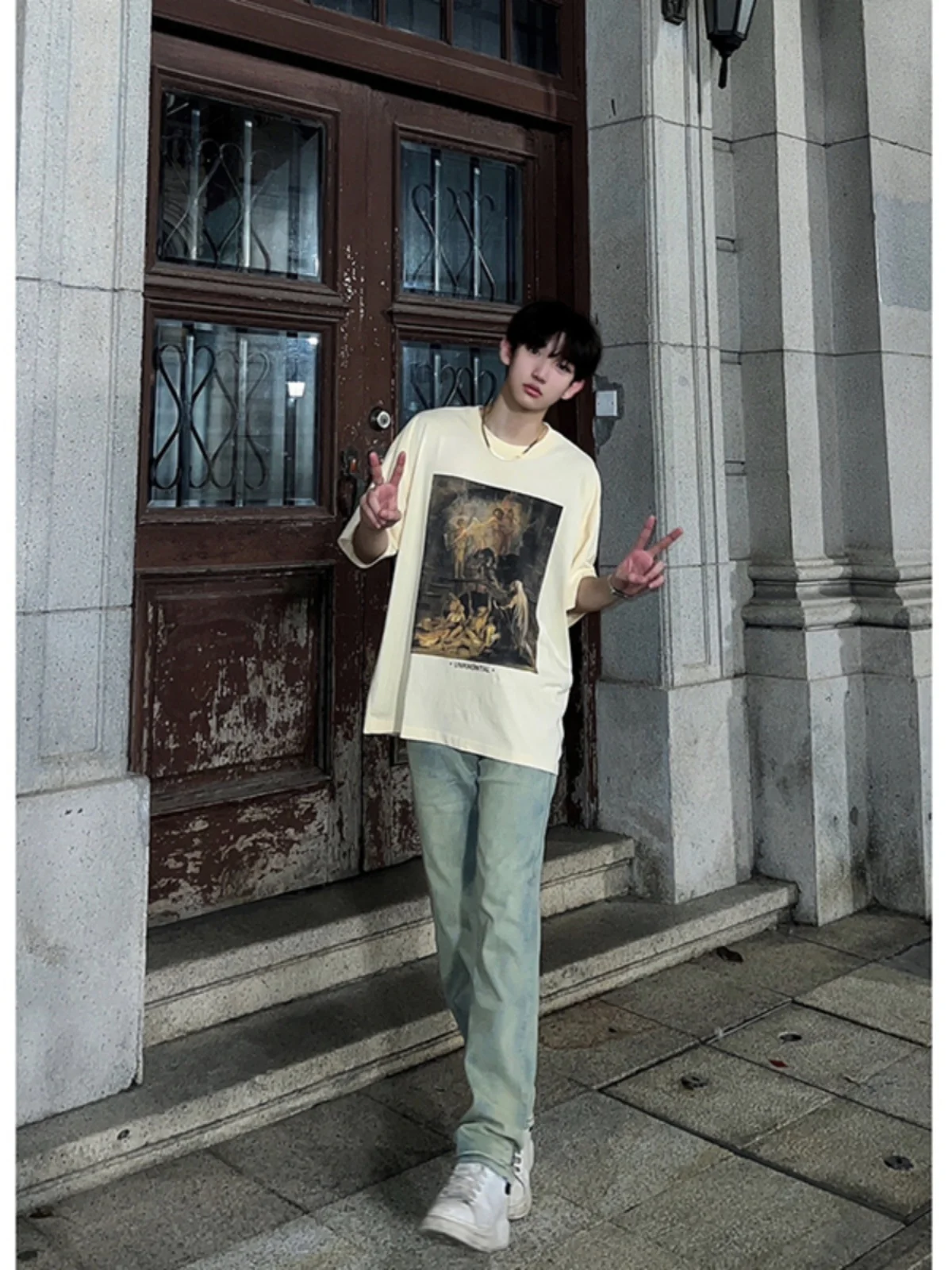 

Light Blue Slim Fit Stretchy Jeans Trendy Brand Men's Pants American Vibe Loose Straight Leg Summer Jeans Cotton Polyester Blend